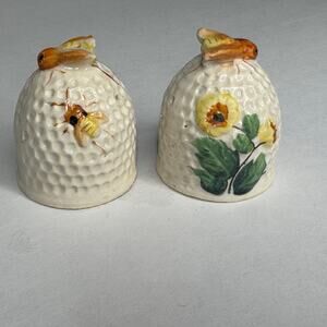 Vintage Beehive Salt & Pepper Shakers, Japan, Bees & Yellow Flowers